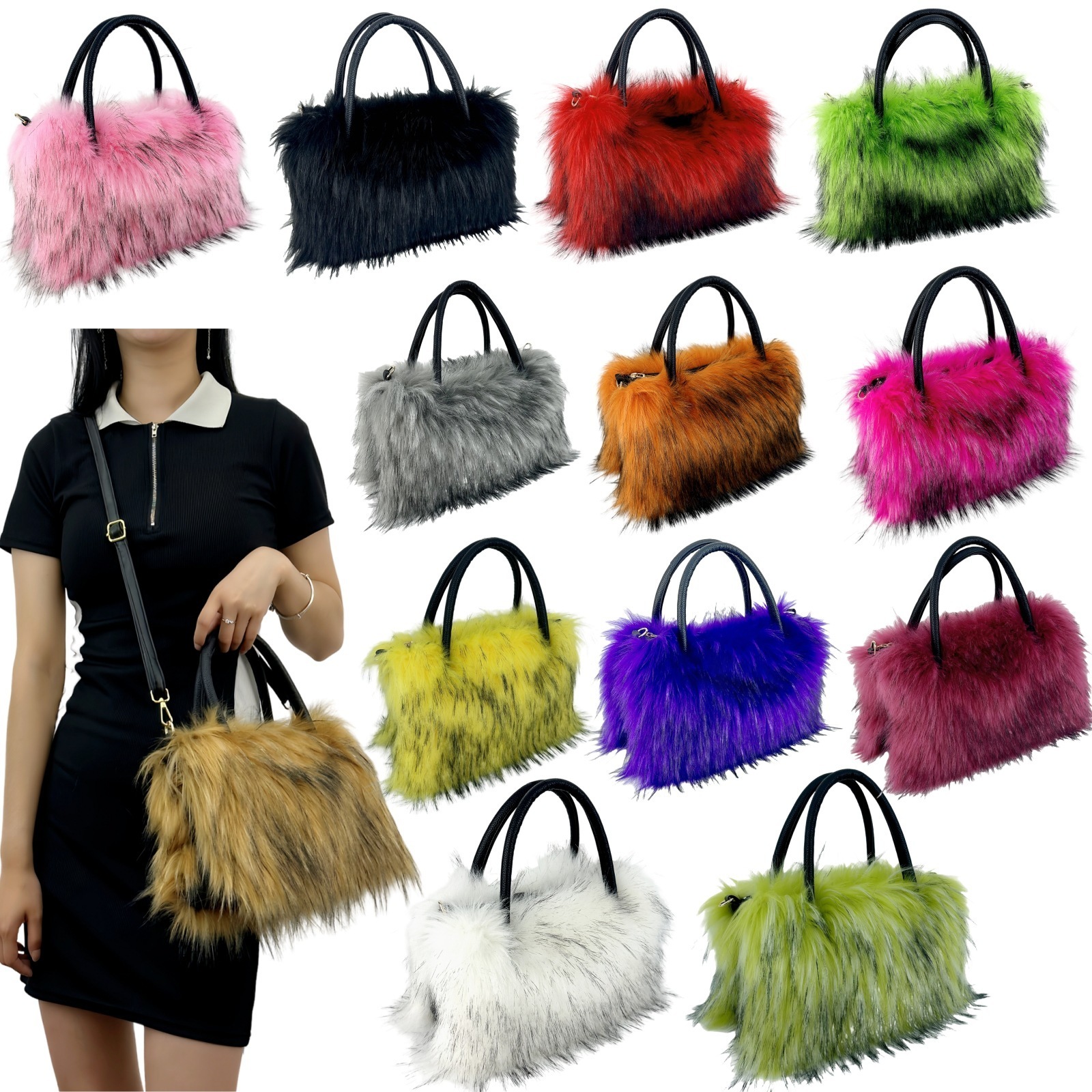 2025 New Womens Square Plush Bag Faux Fur Raccoon Fur Handbag Large Capacity Tote Bag 241125