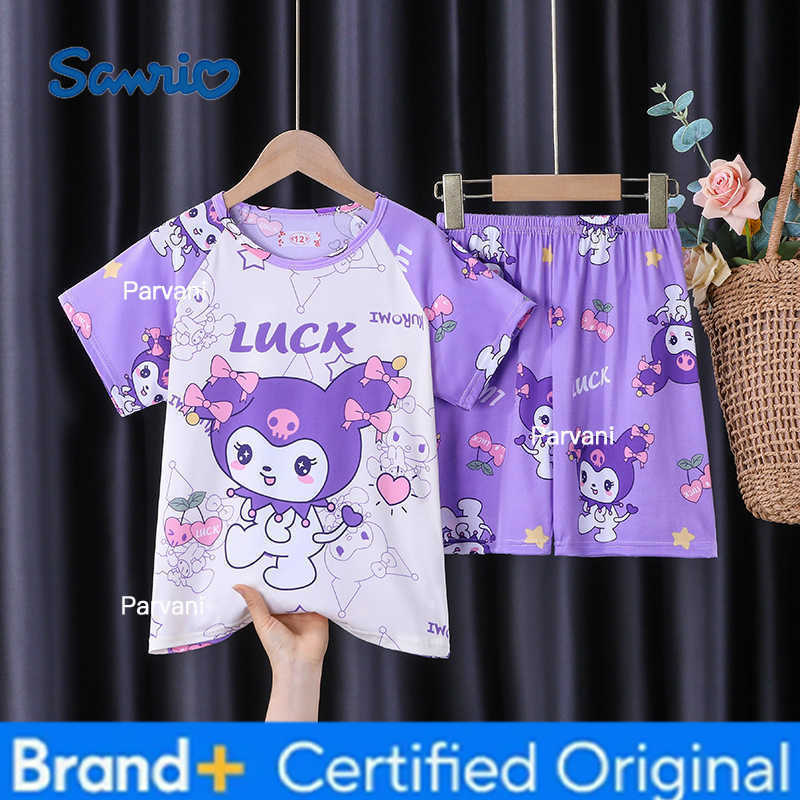 Sanrio Girls Pajamas Summer Short Sleeved Casual Two-piece Set Cartoon Cute Anime Kuromi Cinnamoroll Children Short Sleeved Set H260302