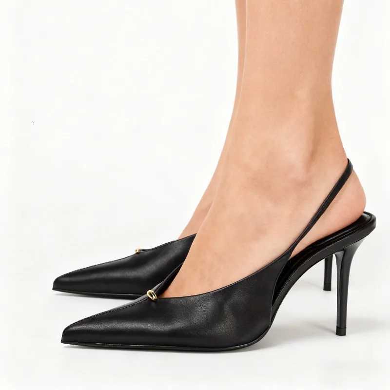 Sexy Black Pointed Toe Slingbacks Pumps Women Fashion Metal Decoration Sewing Designer Shoes Comfortable Commuter Office Shoes K260302