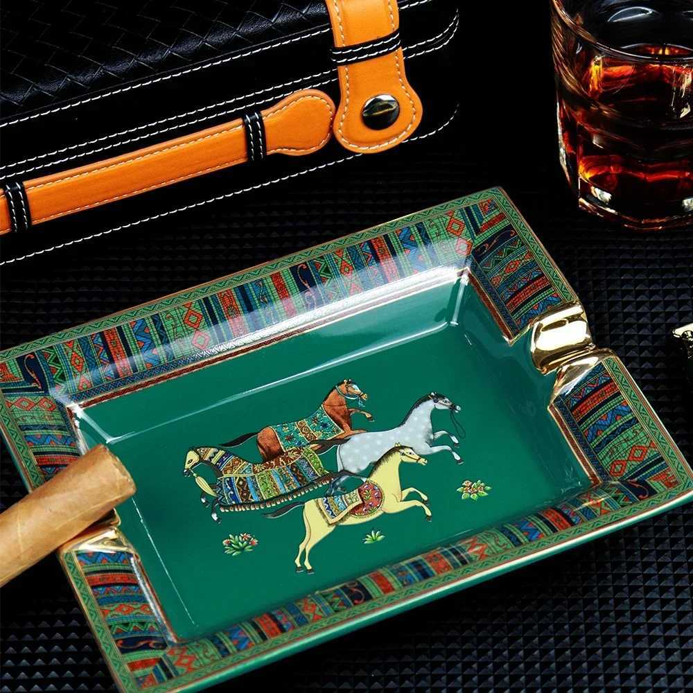 Large Ceramic Cigar Ashtray Retro Horse Pattern Luxury Desktop Decor Gift for MenT260302