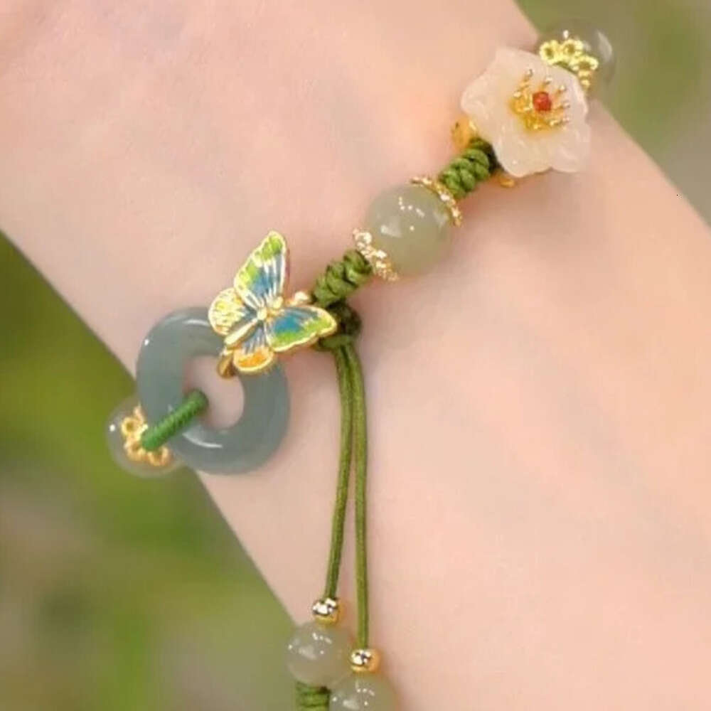 Hand Knotted DIY Jade Stone Jadeite Flower Anklets Charm Jewellery Fashion Accessories Chinese Carved Amulet Gifts For Women Men Liuyuemoshang