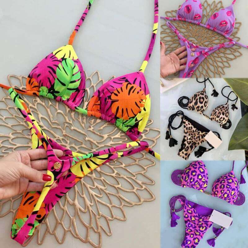Sexy Leopard Print Bandage Triangle Push Up Tie Bikini Set Summer Beach Outfit Thong Swimsuit Z260301