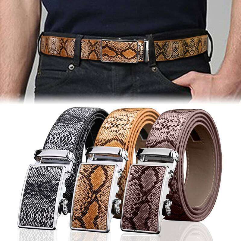 Punk Rock Metal Long Buckle Belt Pattern Belts For Men Fashion Casual Faux Leather Straps Classic Snake Skin Waistband S260228