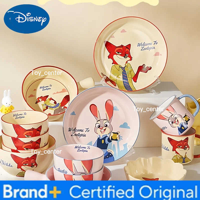 Disney Anime Cartoon Zootopia Nick Judy Wilde Ceramic Tableware Set Household Fox Rabbit Tableware Cute Rice Bowls Dishes Plate H260302