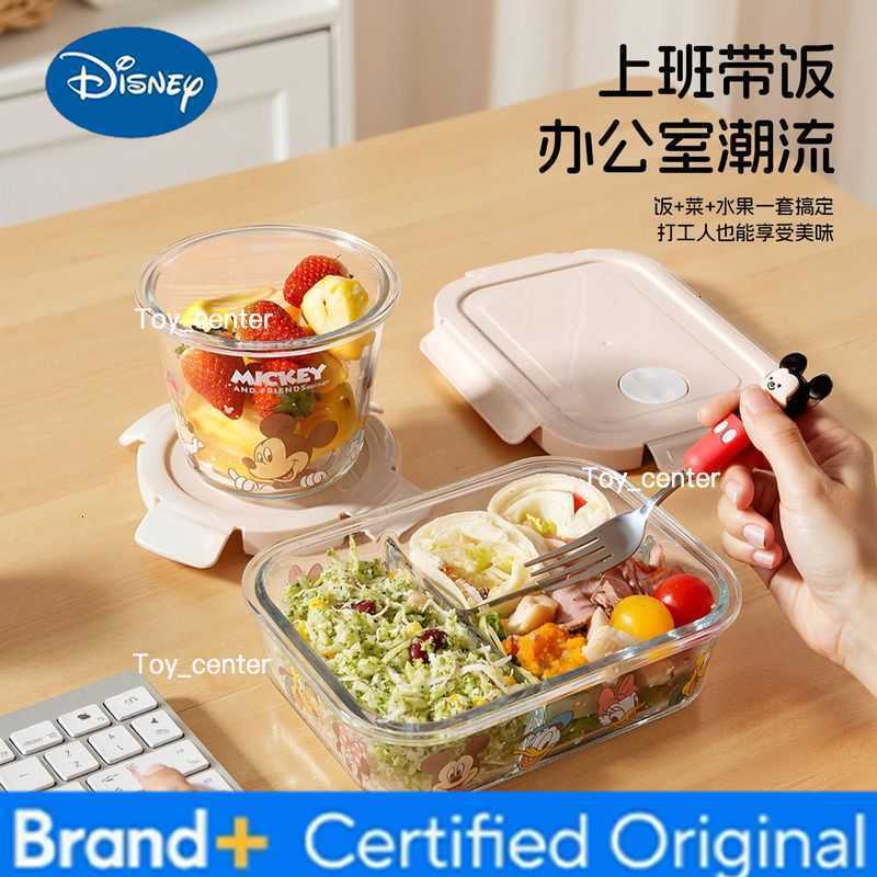 Anime disney CartoonMickey 900Ml Large Capacity Glass Lunch Box Kawaii 3-Compartment Lunch Box Portable Fresh Bowl holiday gift H260304