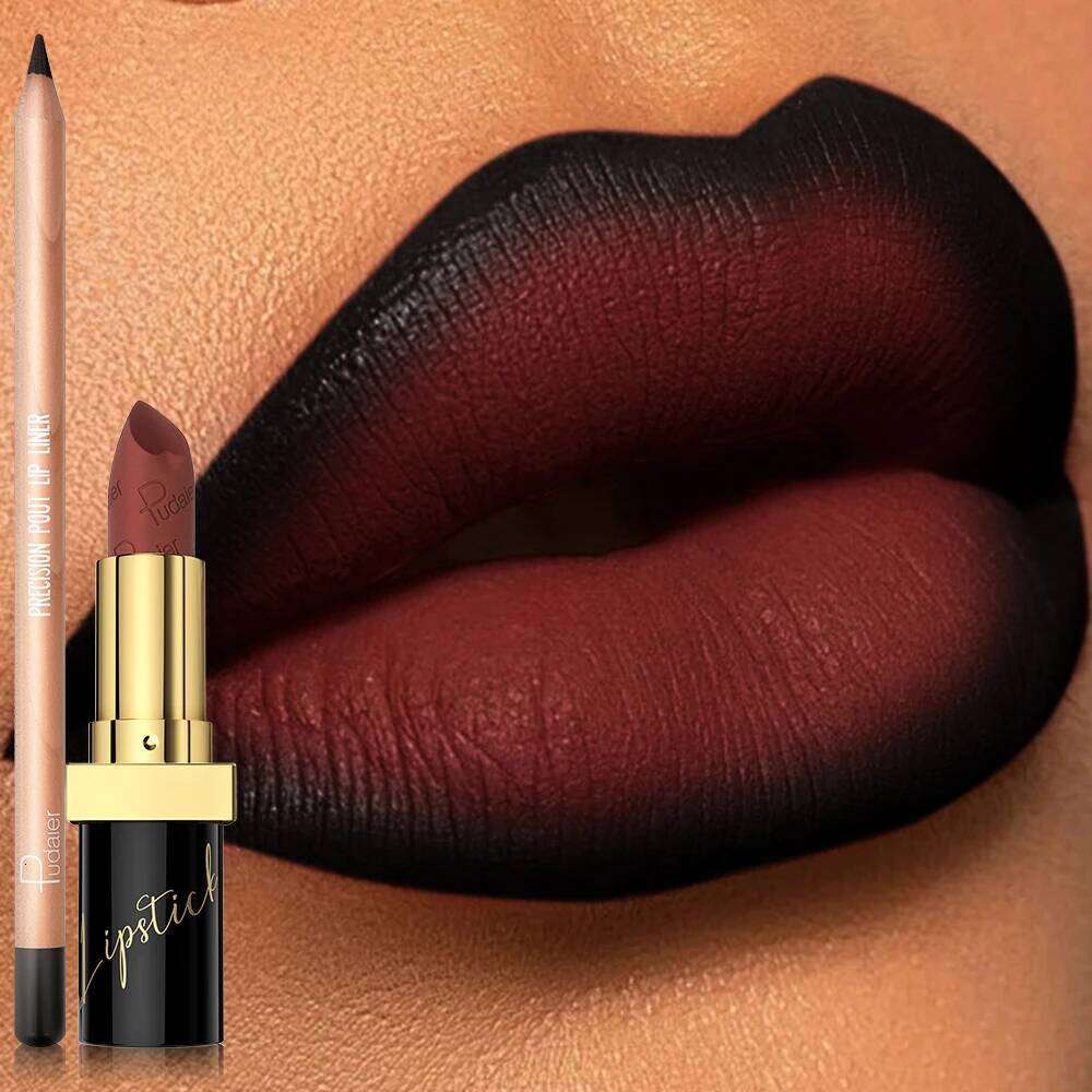 Pudaier 2pcs Matte Lipstick and Lip Liner Set - Waterproof, Sweat-proof, Long-lasting, Easy to Apply H260302