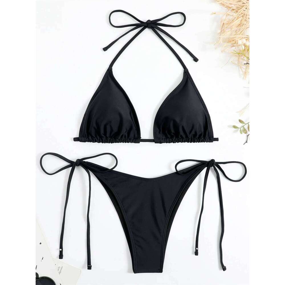 Sexy Brown Bikini 2025 Women Solid Red Halter Push Bra Tie Side Triangle Swimsuit Summer Bathing Suit Lace Up Micro Swimwear Z260301
