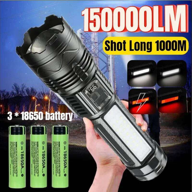 Powerful 10000 LM Led Flashlight 3*18650 Battery Zoomable White Laser Torch Type-C Charging Outdoor Camping Tactical Lantern Z260301