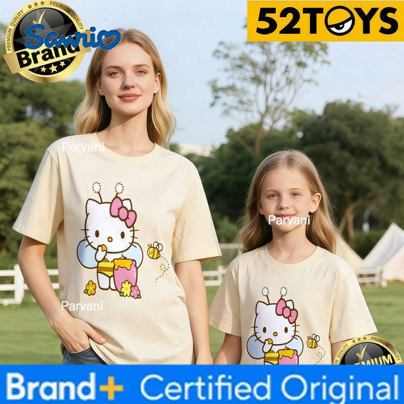 Sanrio 2026 Autumn-Winter Trending Hello Kitty Bee Print 100 Cotton Parent-Child T-Shirts High Quality Loose Casual Breathable Y2K H260302