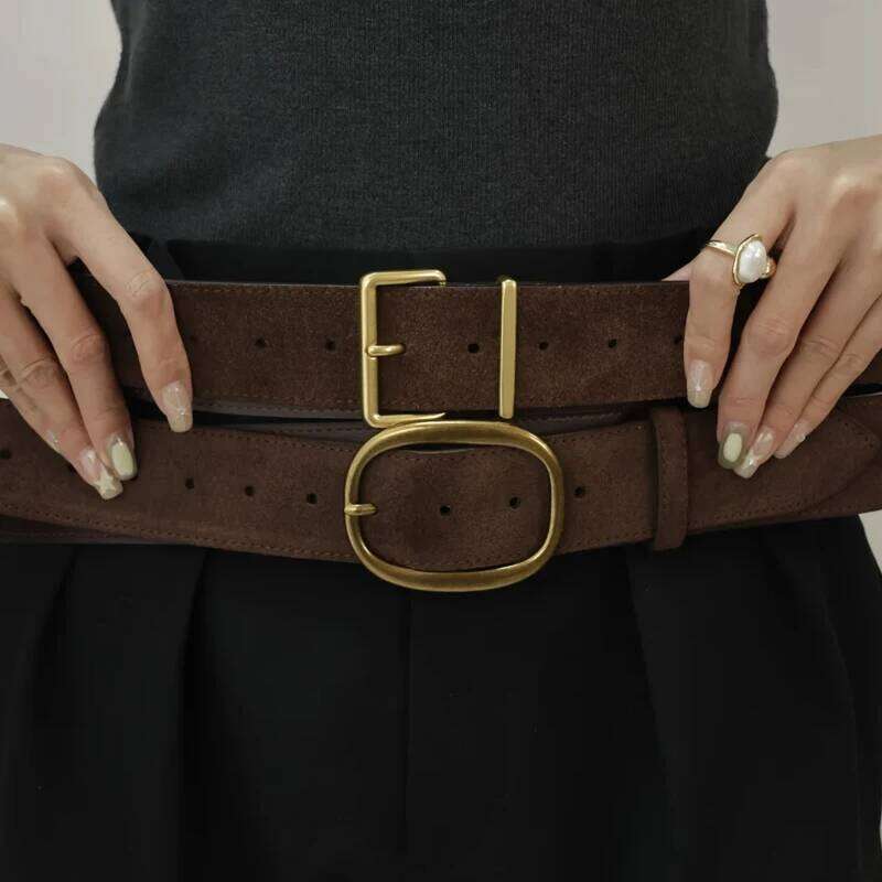 Vintage Genuine Women's Fashion Retro Brown Suede Belt Gold Buckle Leather Waistband for Dress Coat Jeans S260228