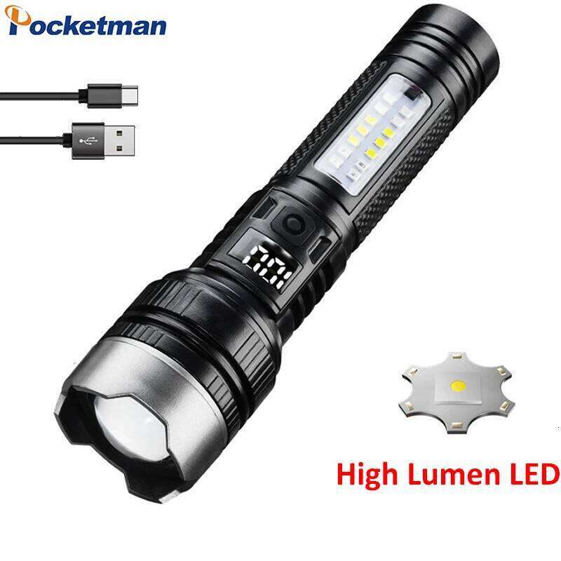 Super Bright LED Flashlight 5 Lighting Modes USB Rechargeable Flashlights Telescopic Zoom Torch with Red/Blue COB Side Lights Z260301