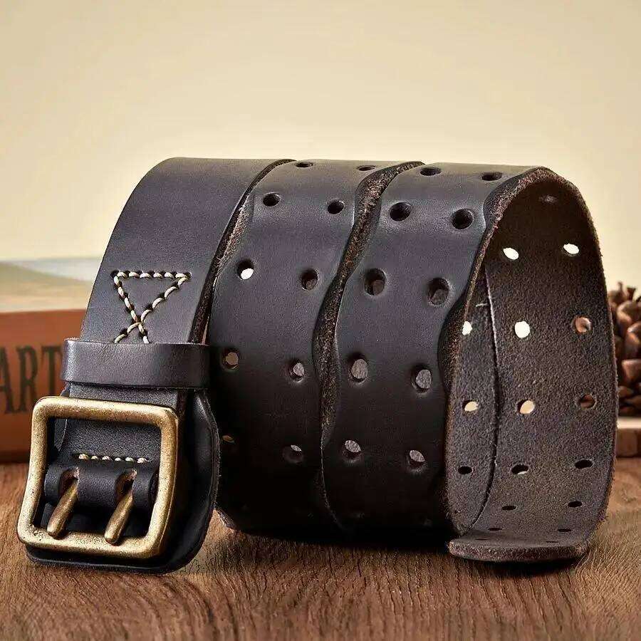 Thick Original Vintage Men Wide Male Cowhide Real Genuine Leather Double Prong Buckle Strap Cowboy Jeans Belt S260228