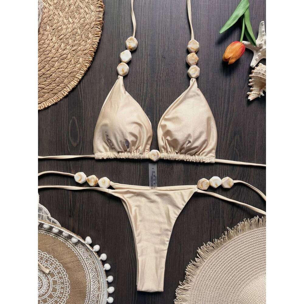 2025 Sexy Bead Swimwear Women Swimsuit Beach Halter V Neck Bikini Set Beachwear Summer Bathing Suit Z260301