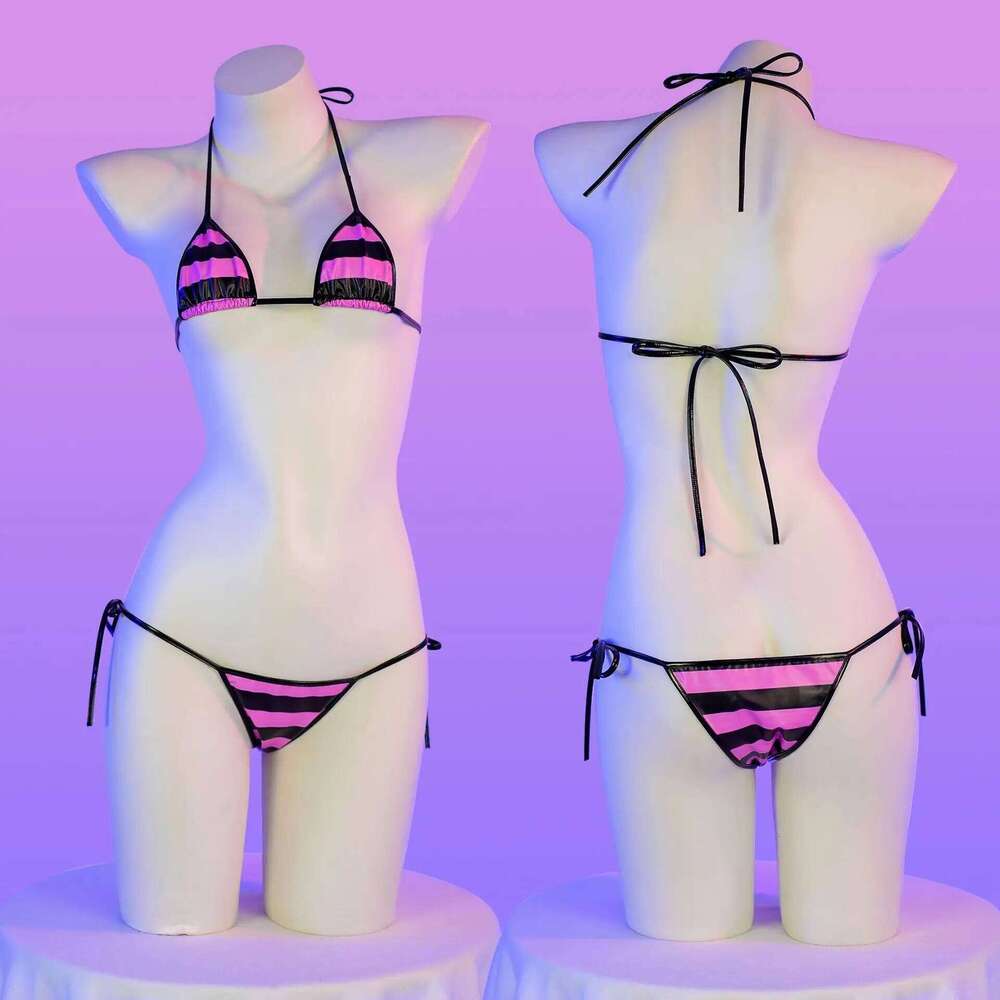 Classic Stripes Print Leather Bikinis Set New Sexy Bandage Swimsuit Women Beachwear Summer Swimwear High Cut Bathing Suit Z260301