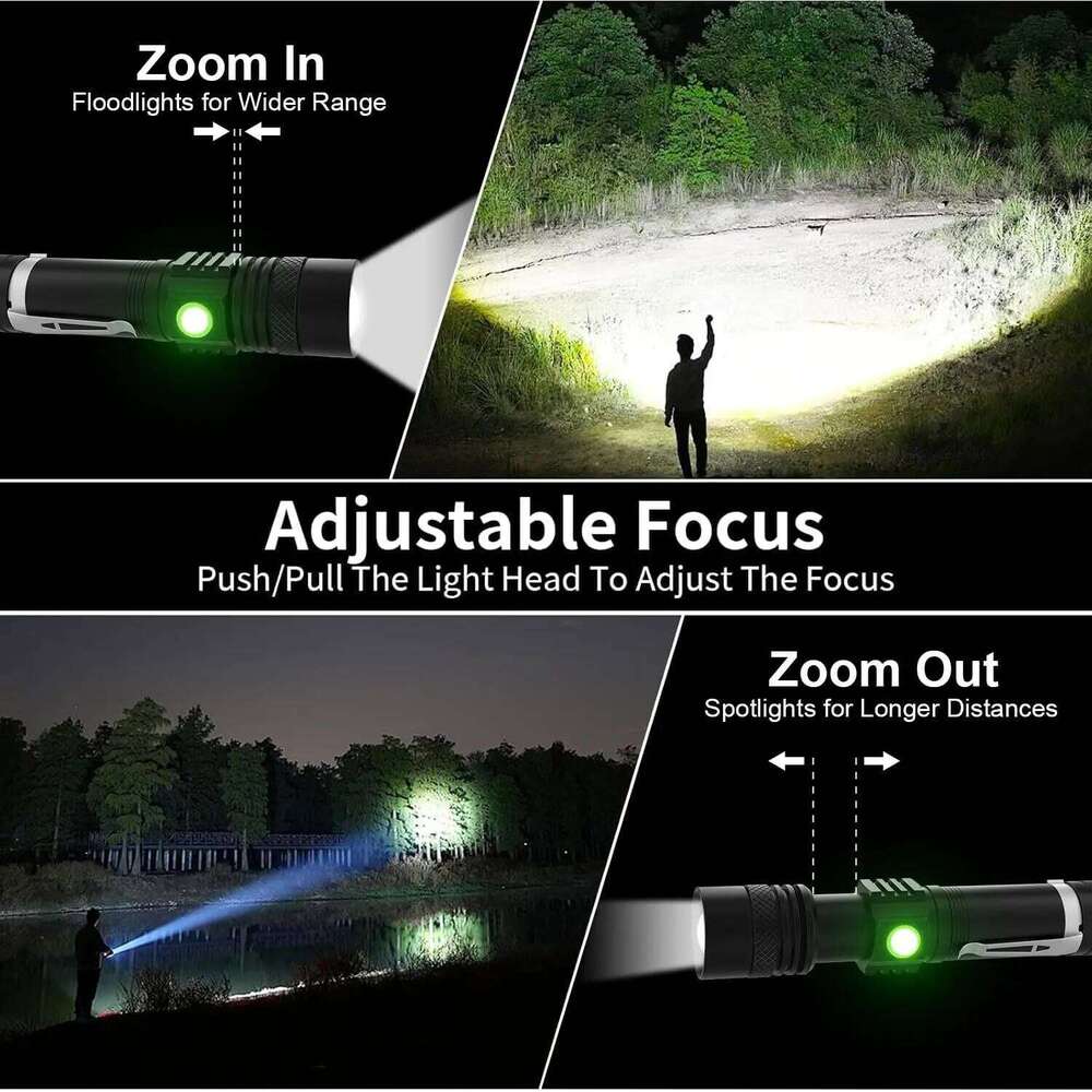 2000LM Bright T6 LED Flashlight,Portable Tactical Zoomable Defense Light with Clip, Outdoor Waterproof Torch for Fishing Camping Z260301