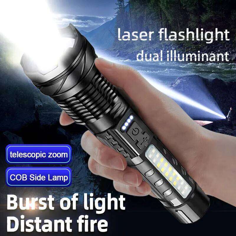Power Rechargeable LED Flashlight With Side Light, Torch For Outdoor Camping, Hiking High Flash Light Z260301
