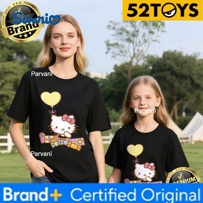 Sanrio 2026 Summer Family Must-Have 52TOYS Hello Kitty Balloon Print T-Shirts 100 Cotton High Quality Parent-Child Tees Single Piece H260302