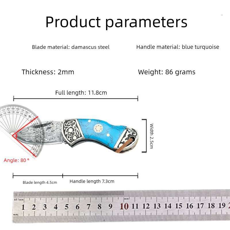 Cross-Border Blue Turquoise Handle Damascus Steel Folding Sharp Fruit Mini Key Knife Pocket Knife Outdoor Equipment
