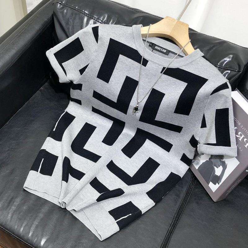 Spring And Autumn Geometric Pattern Base Shirt Men's Slim Fit Casual Trendy Brand Short Sleeve Knitted Top Summer T-Shirt Men