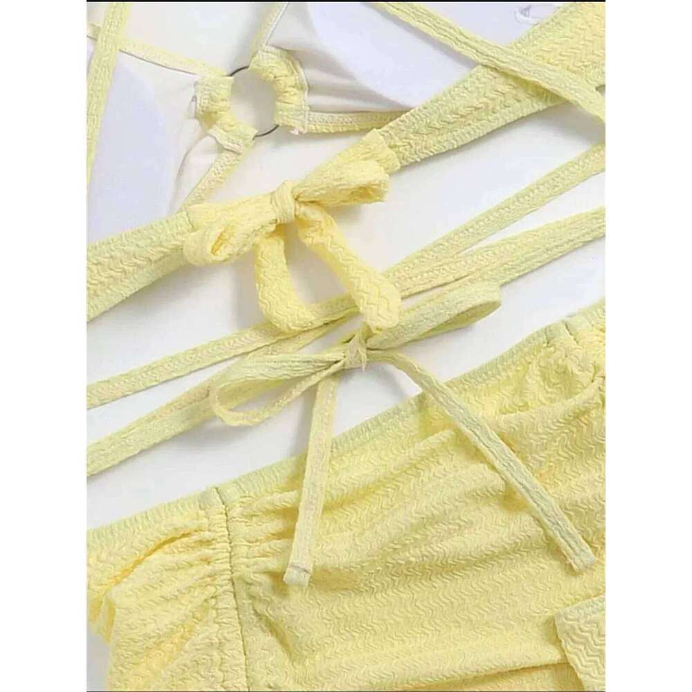 Sexy Yellow Bikini Women Solid Halter Ring Linked Criss Cross Cover Up 3 Piece Swimsuit 2025 Bathing Suit Ruffles Skirt Swimwear Z260301
