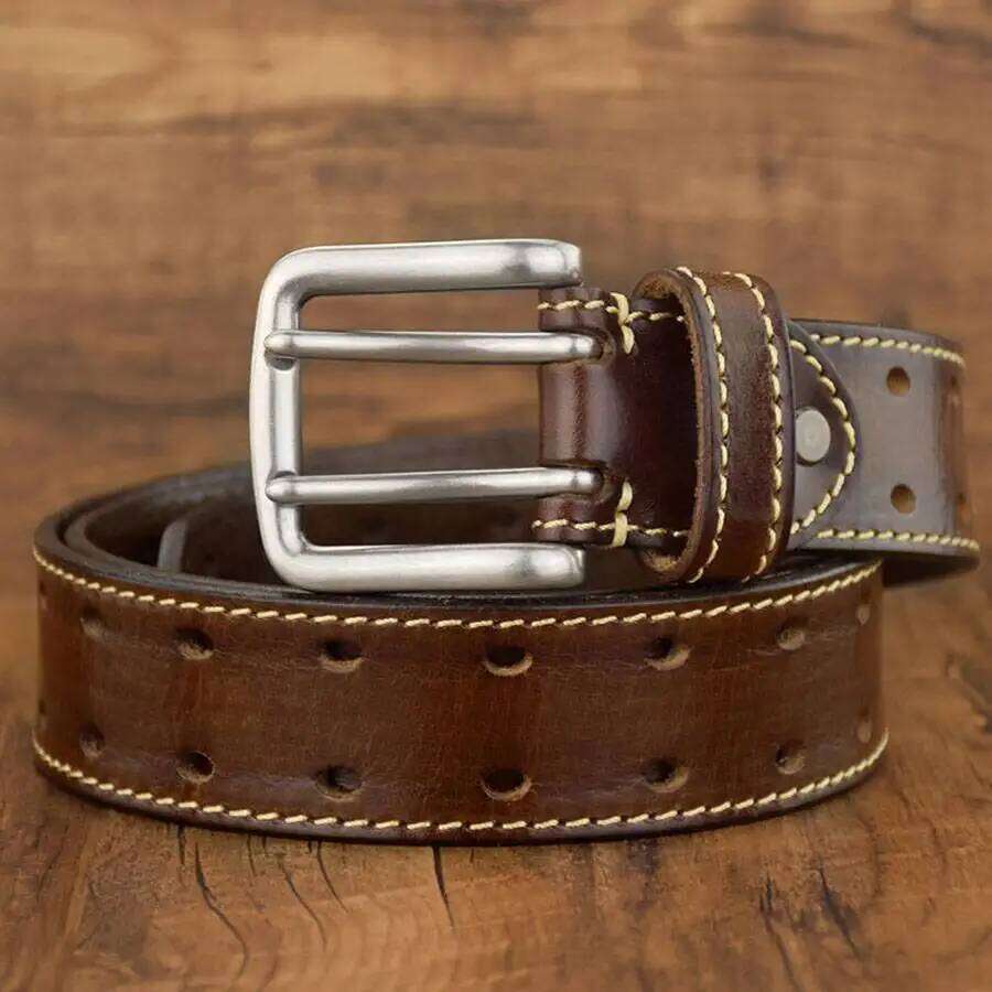 Men's Prong New Leather Belts for Men Classic Double Row Hole Universal Hollowed Out Belt Jeans S260228