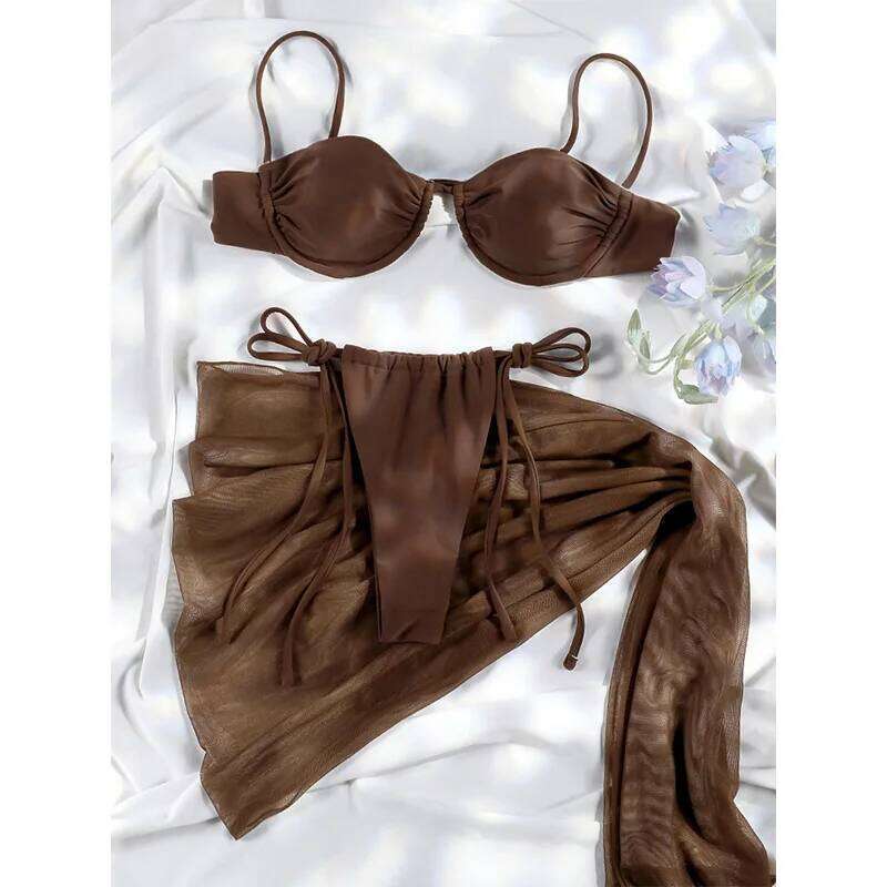 Rinabe With Skirt Brown Bikini High Cut Swimwear Push Up Beachwear Micro Bikinis Women Swimsuits Three-Piece Swimsuit Z260301