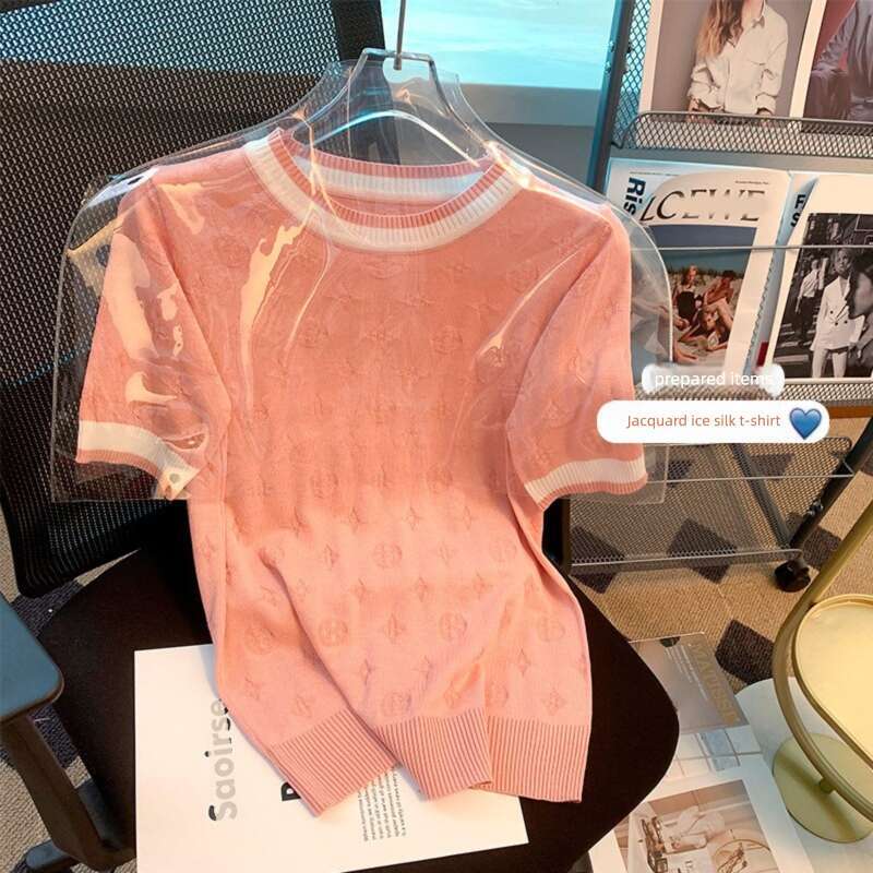 Factory Direct Sale Knitted Sweater For Women, Summer Thin Top, Ice Silk Short Sleeve T-Shirt, Fashionable And Elegant Small Fragrance Style, Round Neck