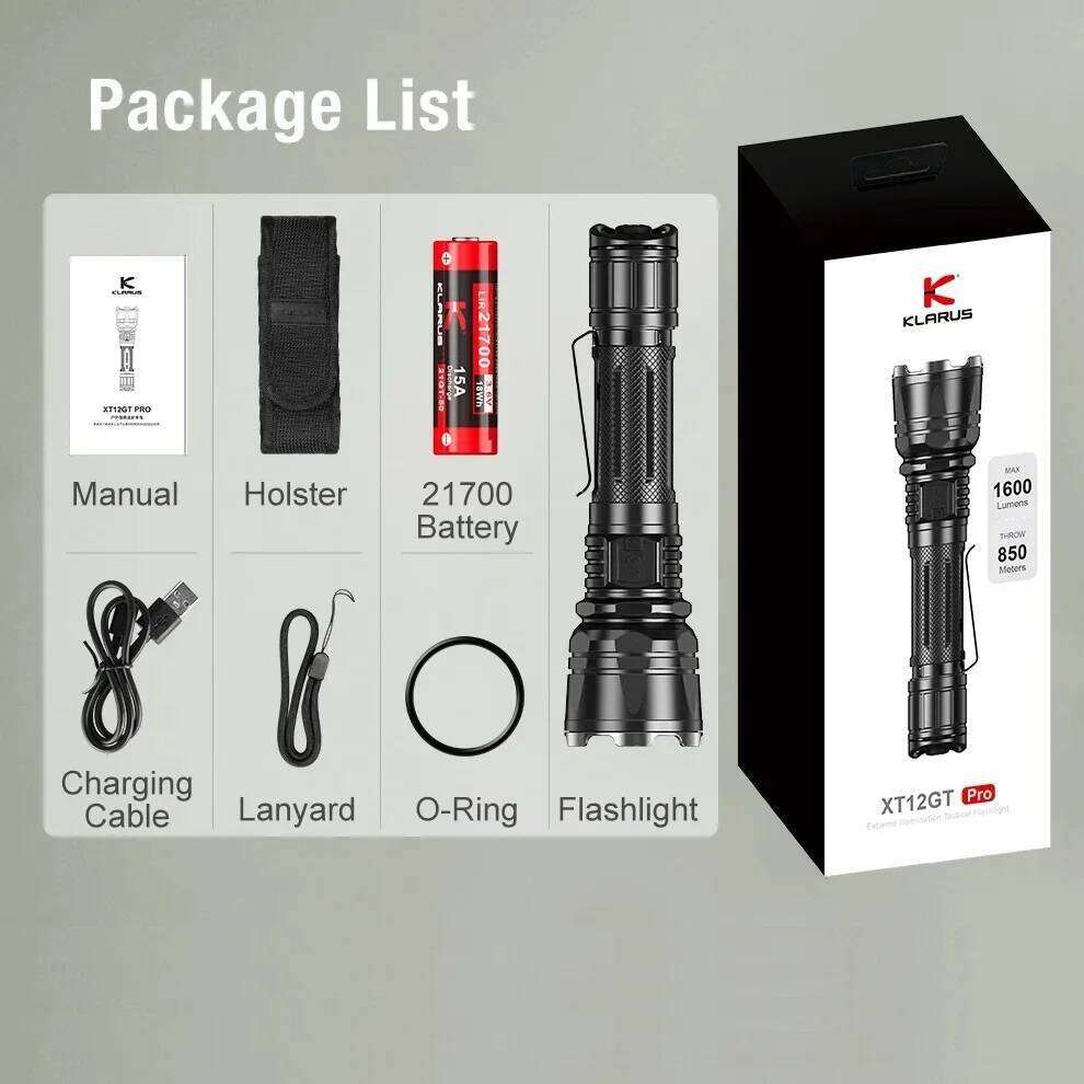 KLARUS XT12GT PRO Rechargeable Tactical Flashlight Luminus SFT40 1600LM Torch Light by 21700 Battery for Daily Carrying Patrol Z260301