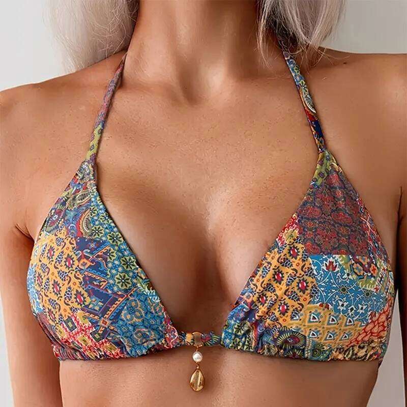 Sexy printed hang neck tie top+tie shorts split bikini 2025 summer women's fashionable beach vacation swimsuit two-piece set Z260301