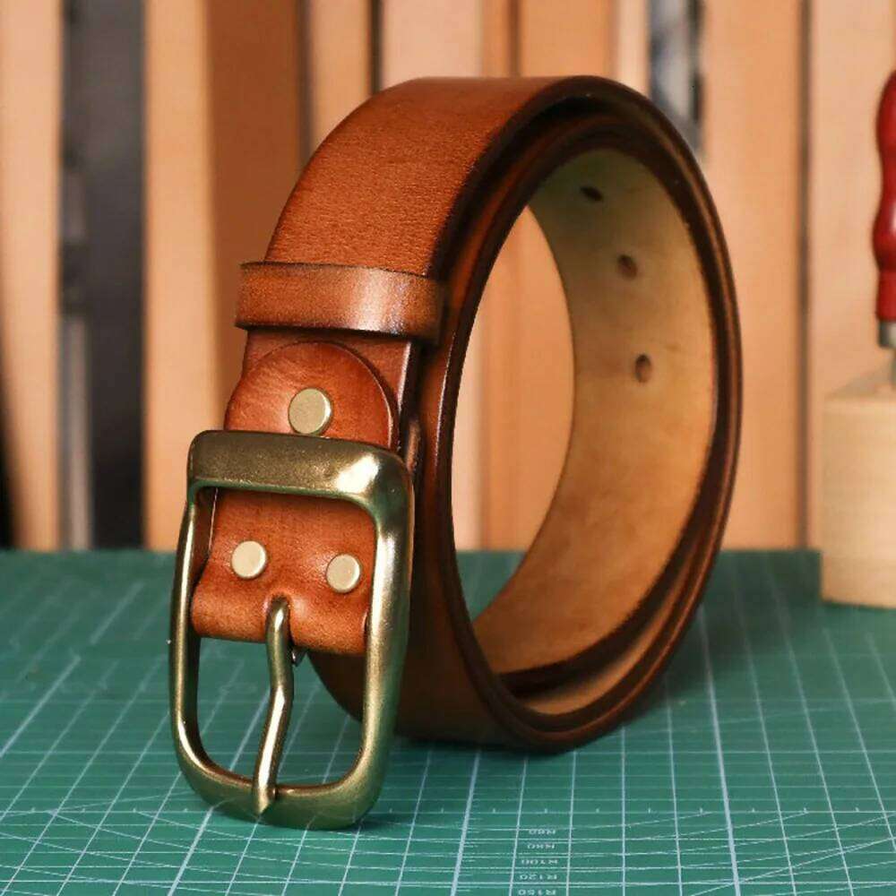 Fashion Vintage Hard-Hitting Men's Belt with Brass Buckle in American Style, 3.8cm Wide, Made of Top-Grain Leather S260228