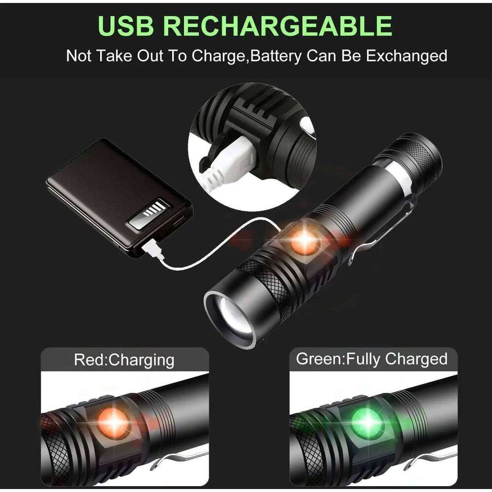 2000LM Bright T6 LED Flashlight,Portable Tactical Zoomable Defense Light with Clip, Outdoor Waterproof Torch for Fishing Camping Z260301