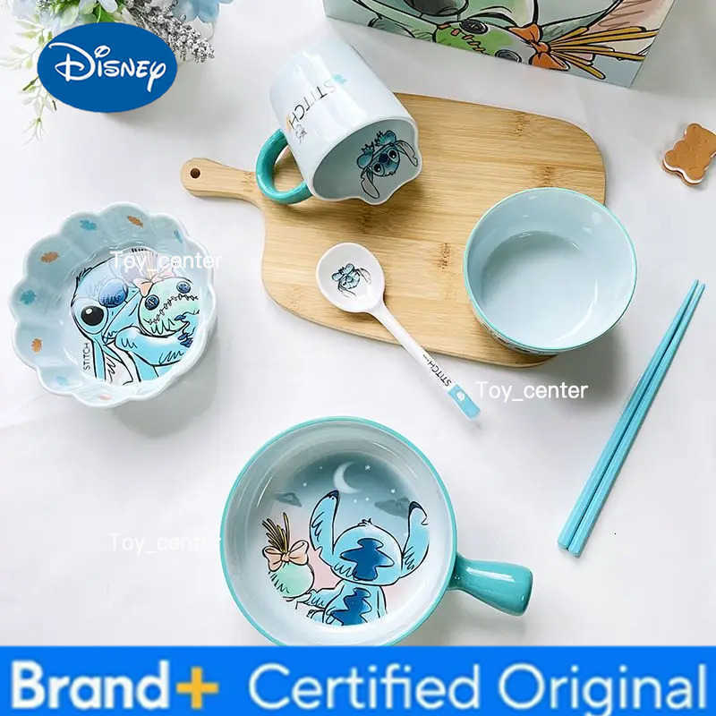 Disney Stitch Tableware Sets High Value Household Cartoon Ceramic Rice Bowl Spoon Chopsticks Meal Bowl Cute Gift for Children H260302