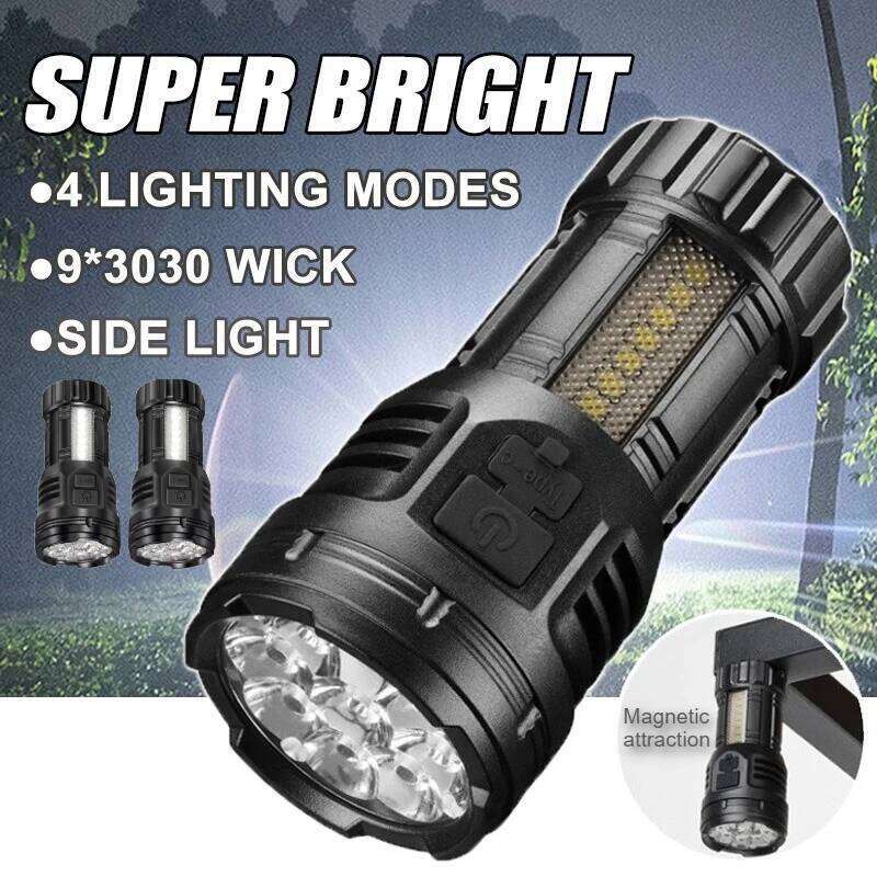 Super Bright 9LED Flashlight with COB Side Light Tactical Torch USB-C Rechargeable Camping Lantern for Outdoor Emergency Hiking Z260301