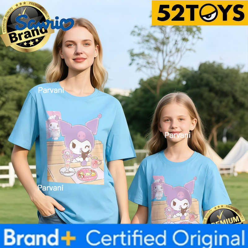 Sanrio 2026 Summer Family Must-Have 52TOYS Kuromi Dessert Print T-Shirts Loose 100 Cotton High Quality Parent-Child Tees Single Piece H260302