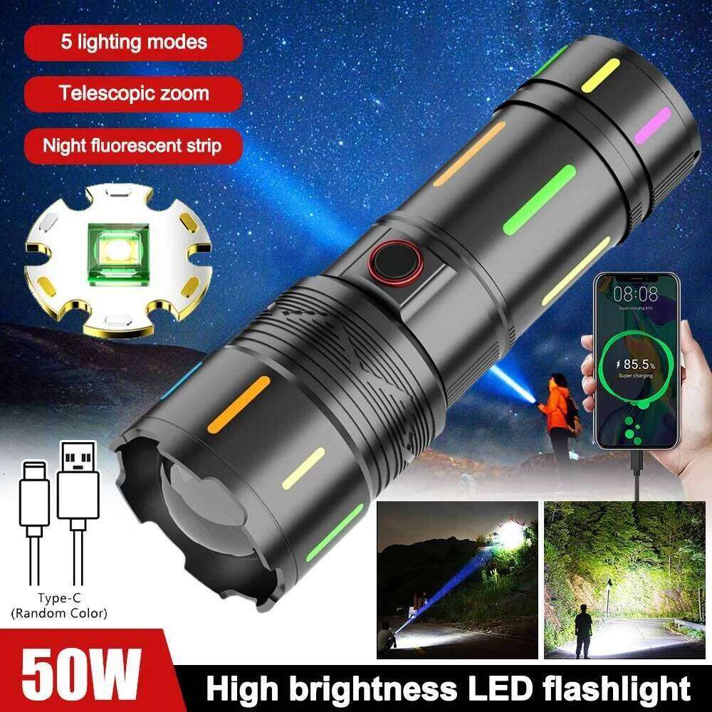 High Power Spotlight White Laser LED Fluorescent Absorbing Film Luminous Colorful Zoom Flashlight Camping Emergency Z260301