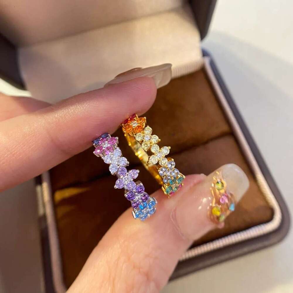 Four-Leaf Clover Fashion Luxury Ring Colorful Diamond-Studded Monet Garden Floral Jewelry Stackable Women's Ring