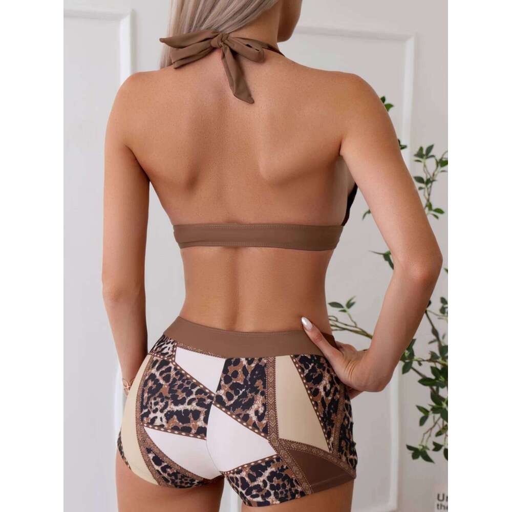 Leopard Print Solid Color Bikini Set Criss Cross Back & Adjustable Tie Side Sexy Two Piece for Beach Summer Holiday Beachwears Z260301