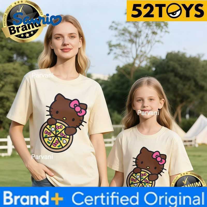 Sanrio 52TOYS Hello Kitty Pizza Print Family T-shirts 2026 Summer 100 Cotton Casual Loose Parent-Child Y2k Tees Single Piece3Pcs H260302