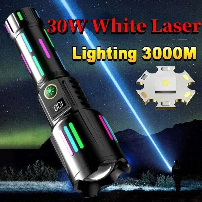 High Power White Laser Flashlight with Luminous Strips TYPE-C Rechargeable Zoomable Handlamp for Outdoor Working Fishing Camping Z260301