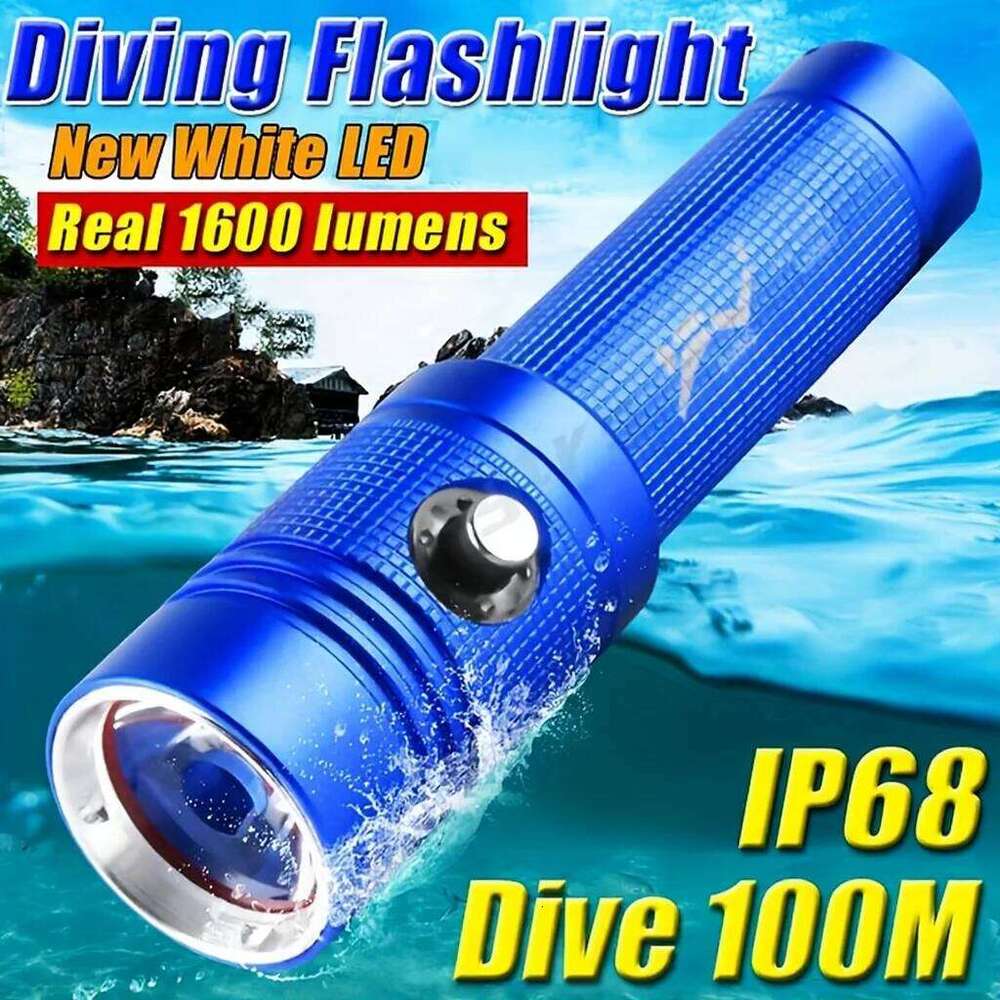LED Scuba Flashlight 1600 Lumens Ultra-Bright Underwater Spotlight 100m IP68 Waterproof Diving and Fishing Light Z260301