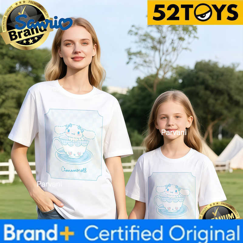 Sanrio 2026 Autumn-Winter Trending Cinnamoroll Tea Cup Print 100 Cotton Parent-Child T-Shirts High Quality Loose Casual Clothing H260302