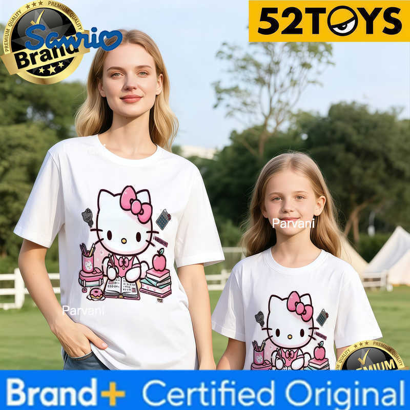 Sanrio 2026 Autumn-Winter Trending Hello Kitty Study Time Print 100 Cotton Parent-Child T-Shirts High Quality Loose Casual Fashion H260302
