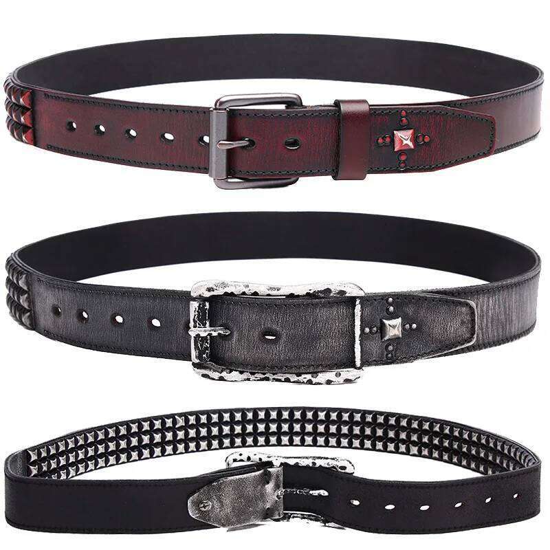 3.8CM Retro Real Genuine Belt Luxury Thick Rivet Belts Men Leather Vintage Strap Male Wide Jeans Ceinture Black Waist S260228