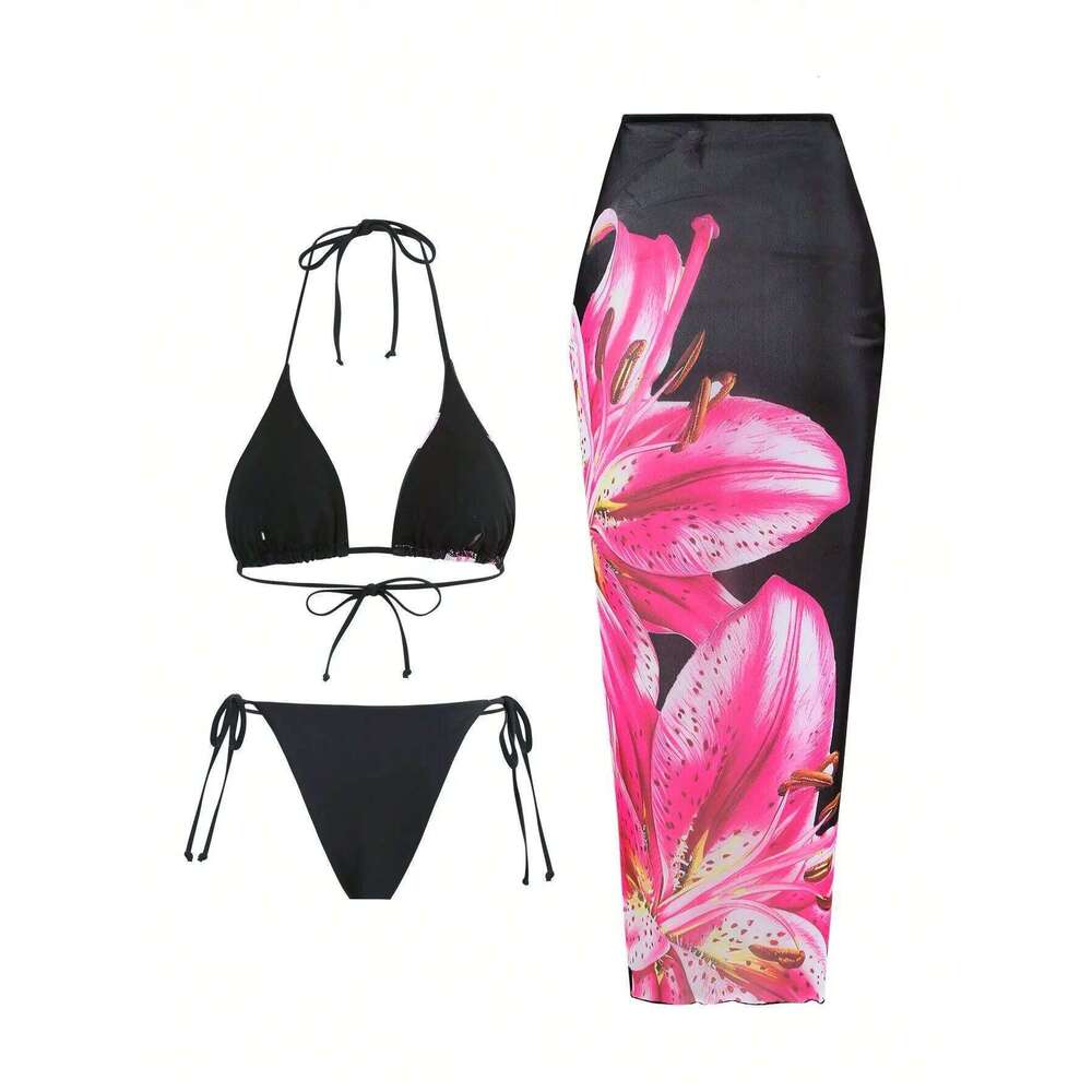 2025 New Flower Print Bikini Set Women's High Waist Long Skirt 3 Piece Swimsuit Sexy Mini Triangle Backless Thong Bathing Suit Z260301