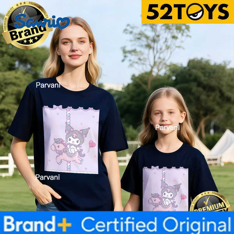 Sanrio 2026 Autumn-Winter Trending Kuromi Carousel Print 100 Cotton Parent-Child T-Shirts High Quality Loose Casual Comfortable Y2K H260302