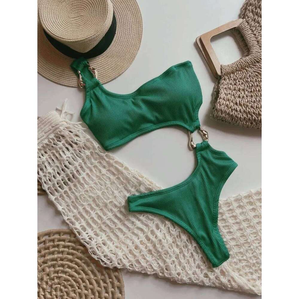 Women's Piece Swimsuit Ring Out Front High Cut Cheeky Bathing Suit Swimwear One Shoulder Ribbed Monokini Z260301