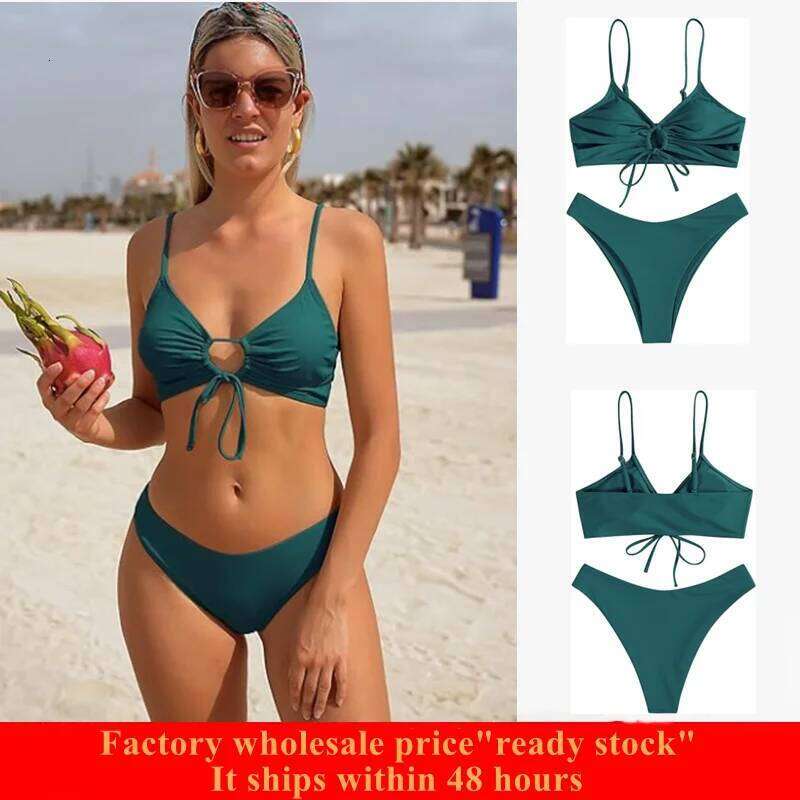 2025 Solid Brazilian Bathing Suit O-ring cut out drawstring chest cami bikini set padded two piece swimsuit swimwear for women Z260301