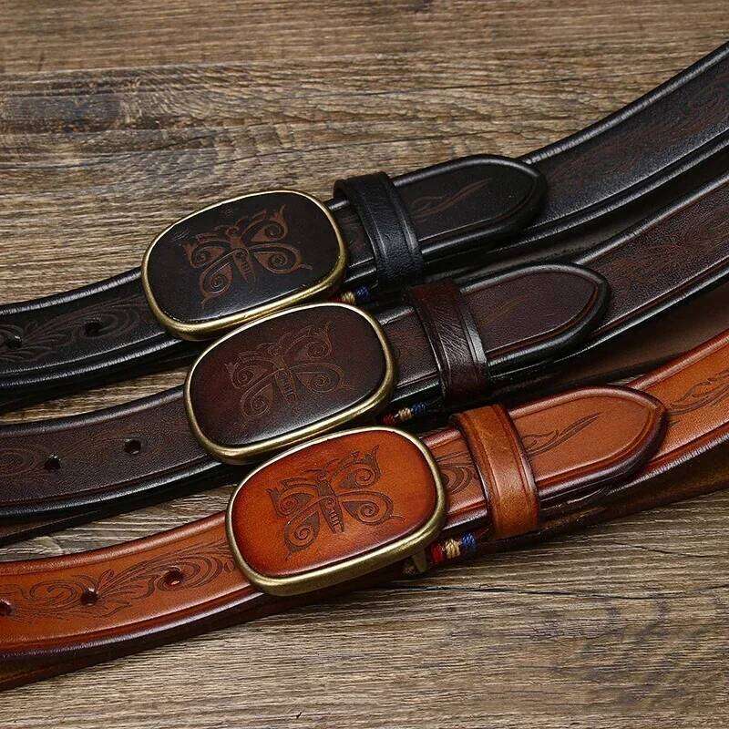 3.5CM Pure Cowhide High Quality Genuine Leather Belts for Men Laser Engraving Strap Male Smooth Buckle Jeans Cowboy Luxury S260228