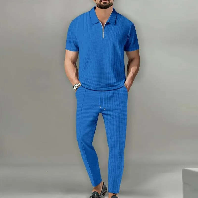 Tracksuits Solid Color Waffle Fabric Lapel Collar Zipper Jacket Short Sleeve Trousers Casual European American Style Men's Clothing - view 4