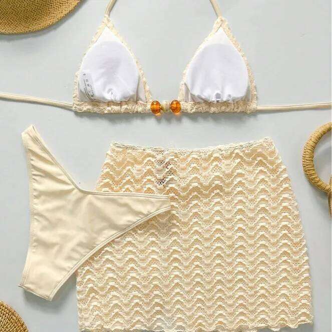 Sexy Bikini Set Women Halter Push Bra Skirt 3 Piece Swimsuit Bathing Suit Cover Up Thong Swimwear Biquini Z260301